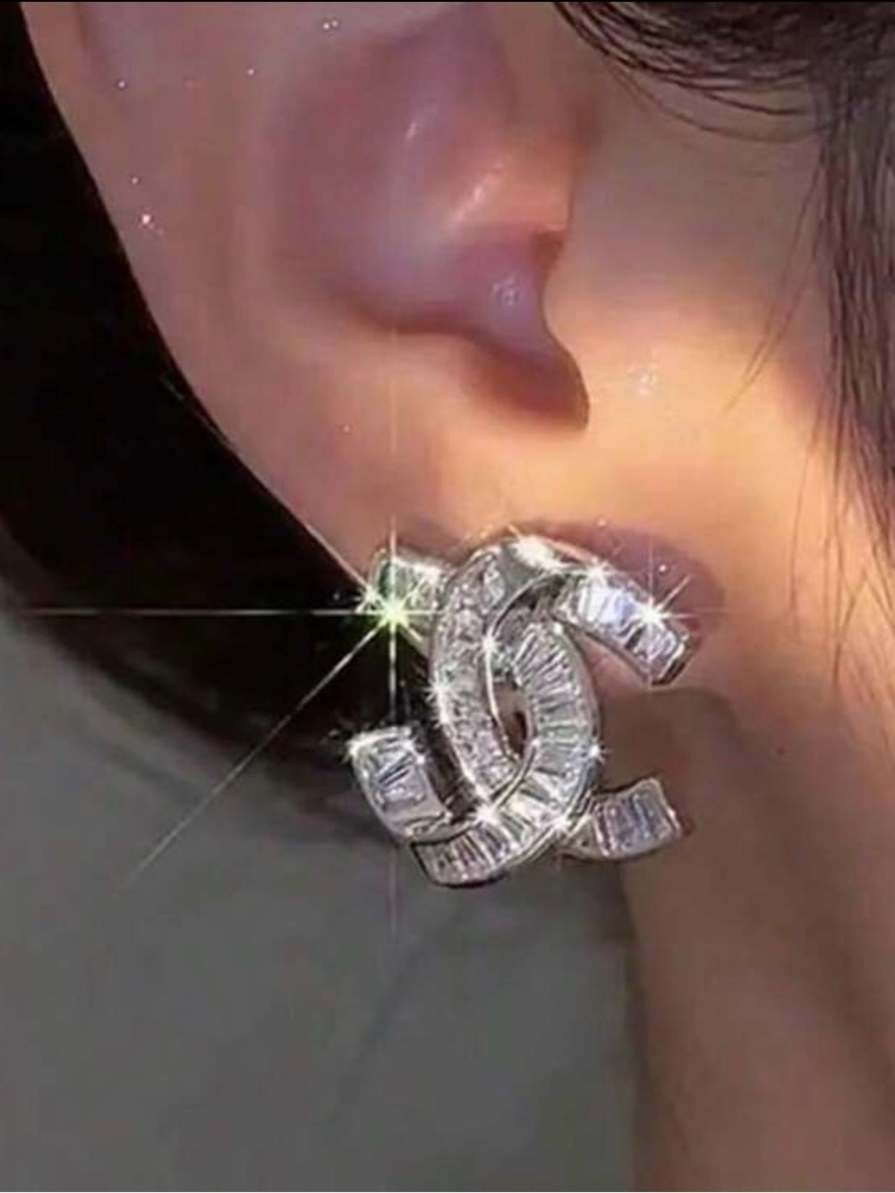 CHANEL Silver Crystal CC Logo Stud Earrings - Picture 4 of 5